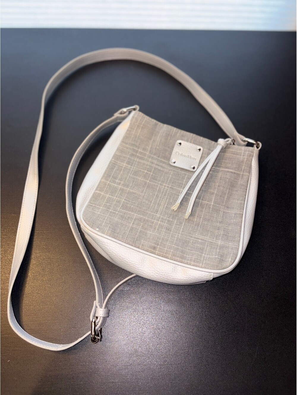 Calvin Klein Woven Textured Fabric & White Leather Trim Crossbody Bag
